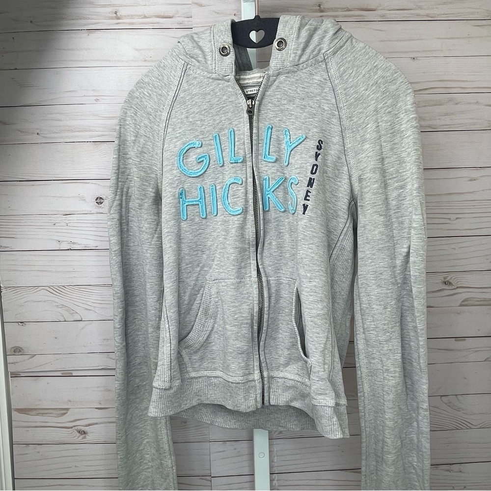 Gilly Hicks Logo Women's Large Long Sleeve Gray Grey Zip-Up Hoodie Sweatshirt